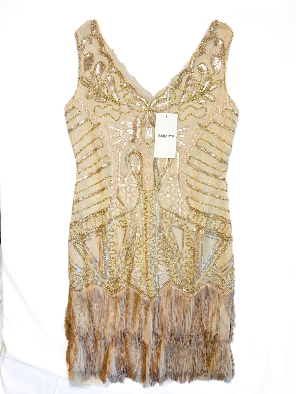 Gold Beaded Fringe 1920’s Gatsby Cocktail Dress NWT